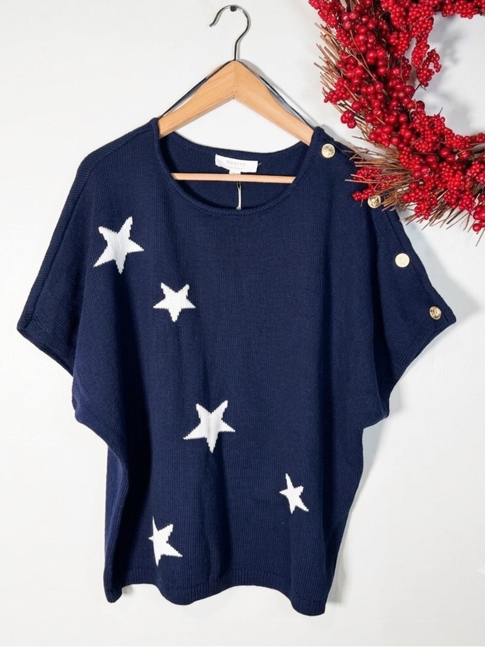 Brit. NY Womens Plus 1X Star Short Sleeve Knit Top Coastal Navy White Cotton